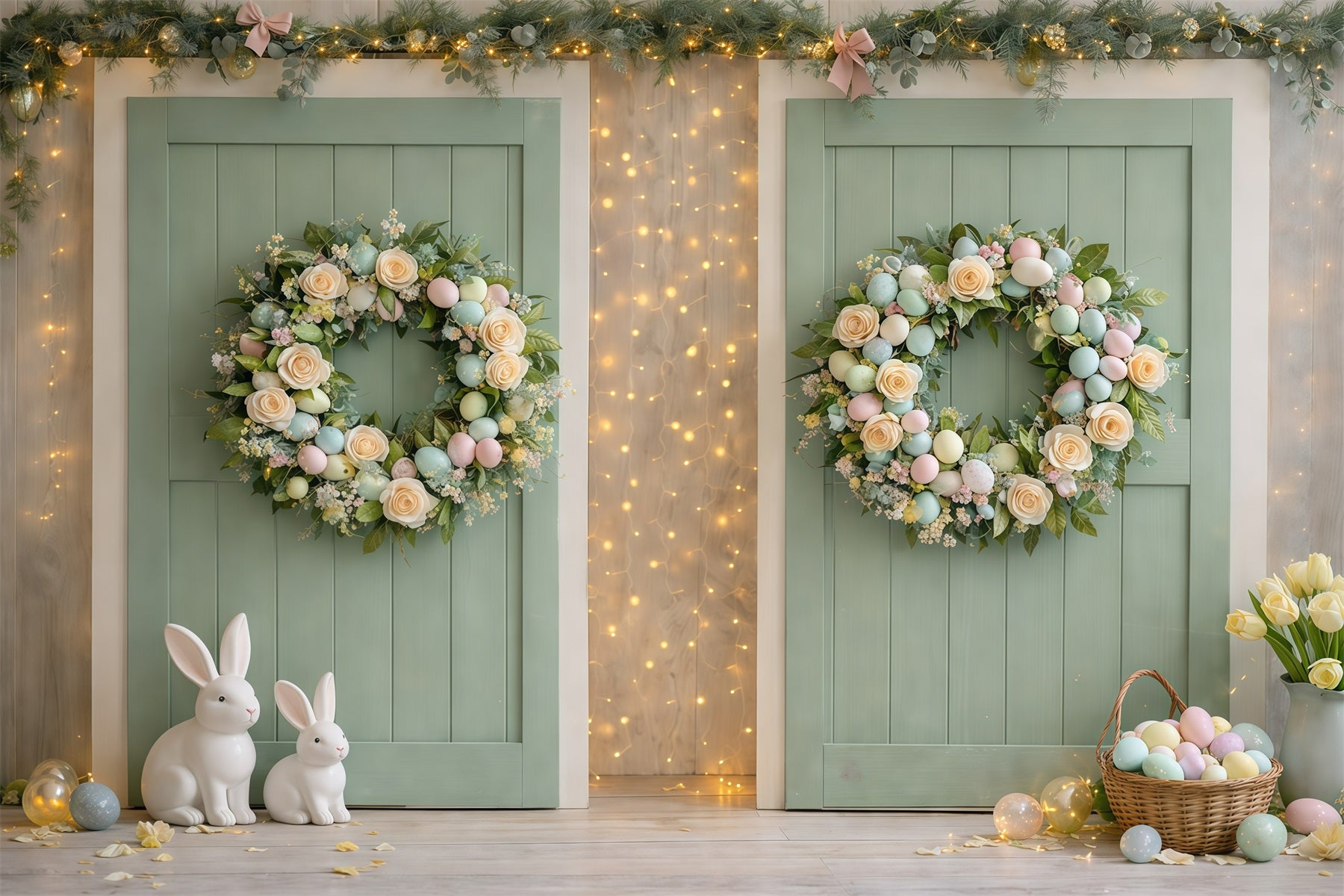 Easter Wreath Doorway Backdrop Mint Green Doorway Bunny Egg Easter Themed Backdrops GQ61-66