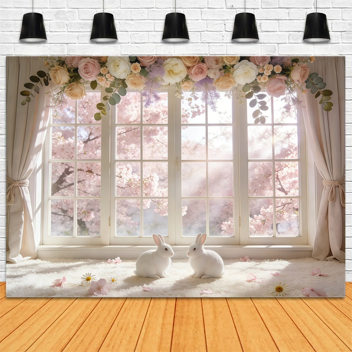 Easter Window Spring Light Backdrop Blossom Wreath Bunny Easter Backdrops Ideas GQ61-67
