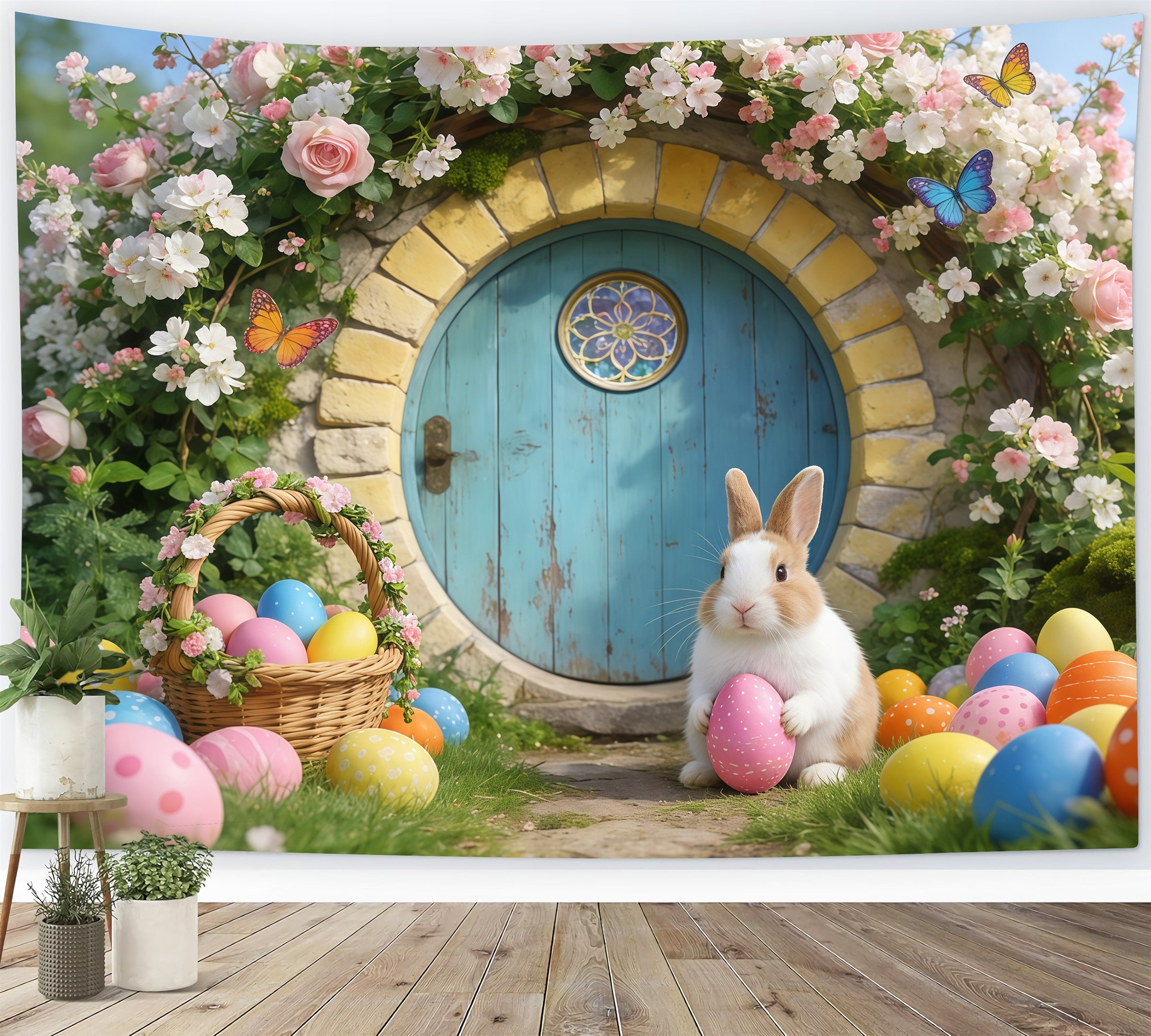 Easter Bunny Burrow Backdrop Fairytale House Flower Arch Easter Backdrop Photos GQ61-68