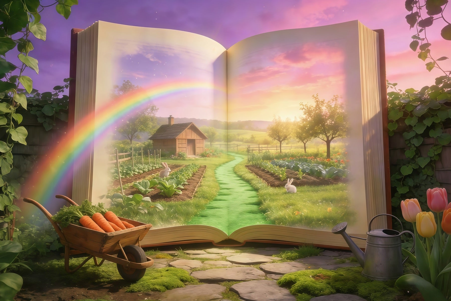 Easter Storybook Backdrop Magical Book Garden Bunny Easter Photo Booth Backdrop Ideas GQ61-69