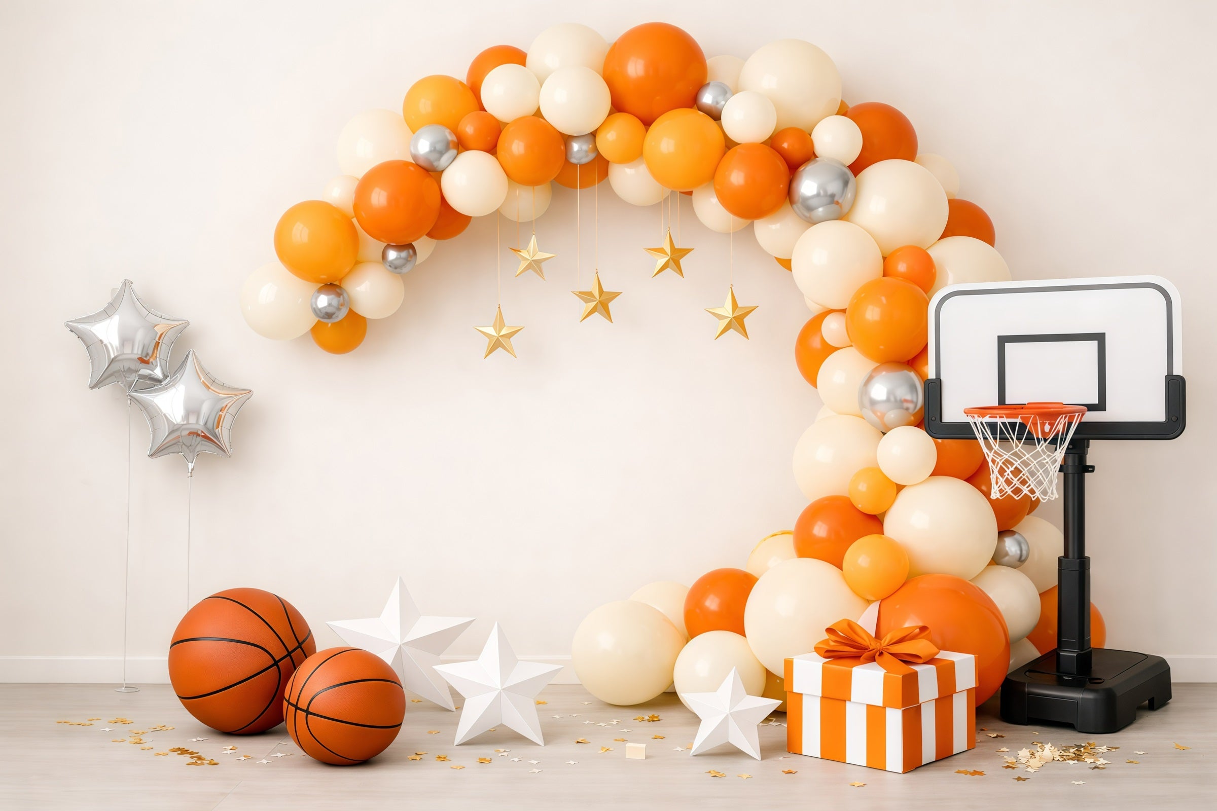 Basketball Photo Backdrop Orange Balloon Arch Gift Box Sports Backdrop GQ61-70