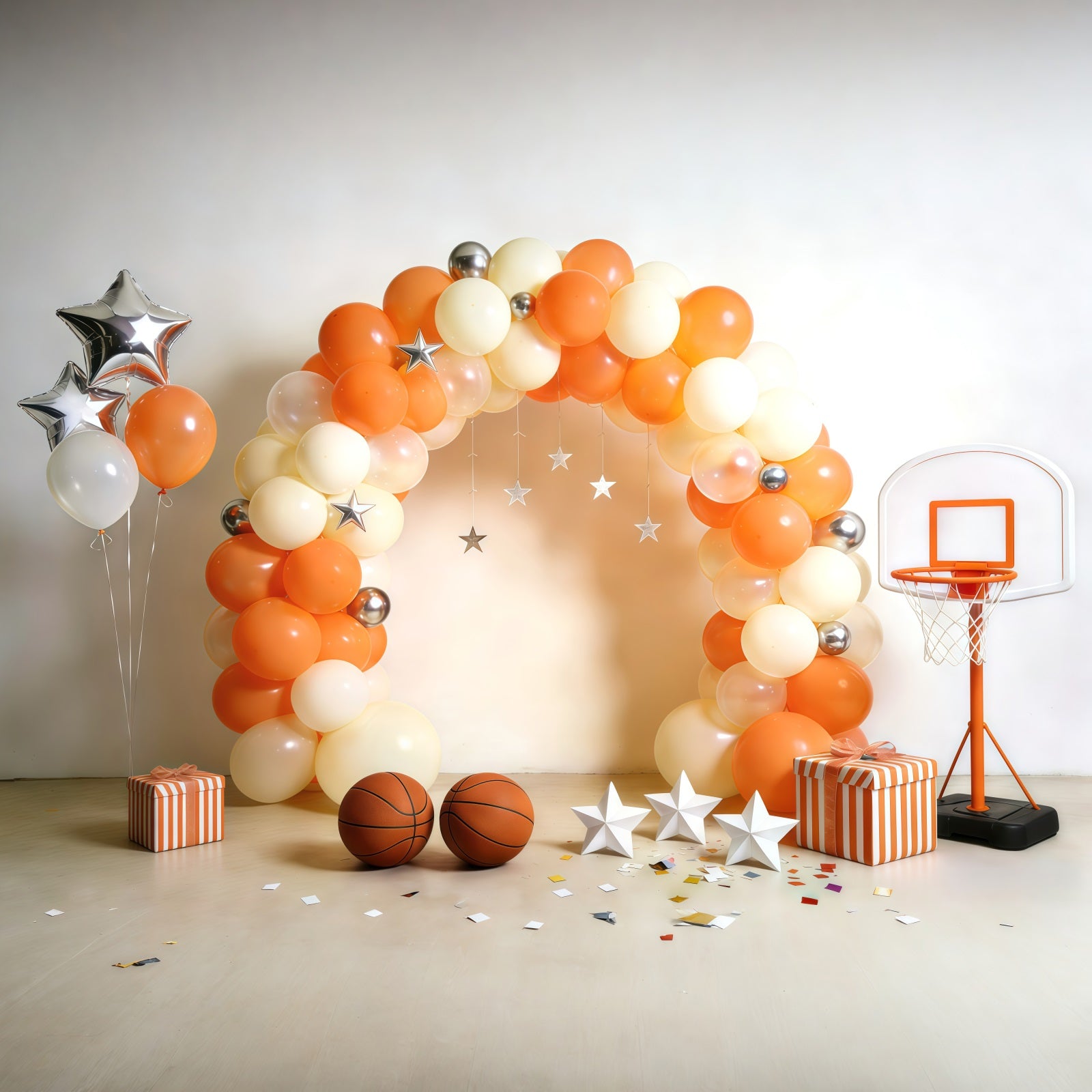 Basketball Backdrop For Photography Cream Orange Balloon Hoop Setup Sports Backdrops GQ61-71