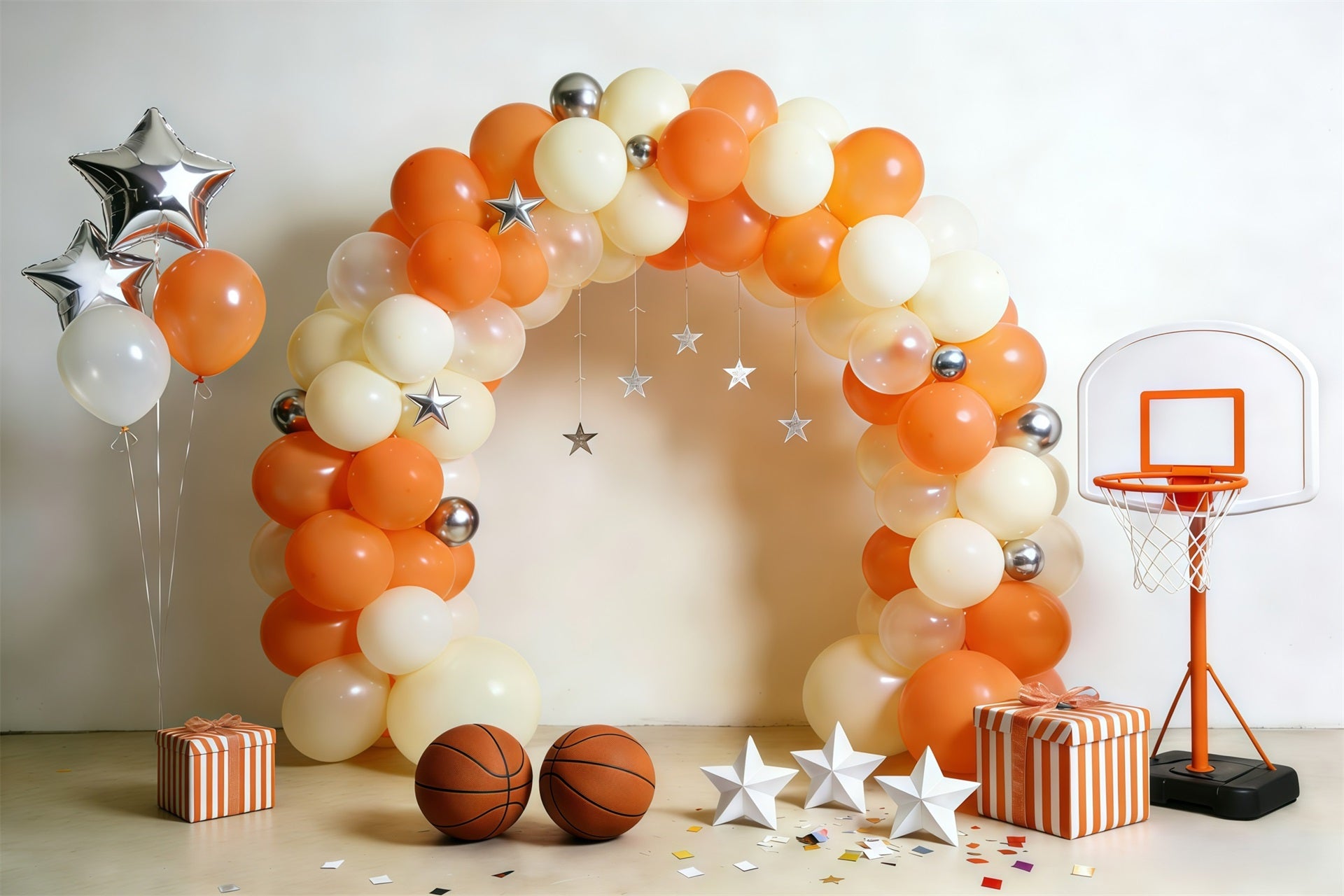 Basketball Backdrop For Photography Cream Orange Balloon Hoop Setup Sports Backdrops GQ61-71