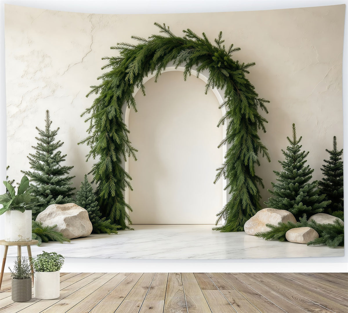 Photography Christmas Tree Backdrop Lush Evergreen Garland Archway Xmas Photo Backdrop GQ610-100