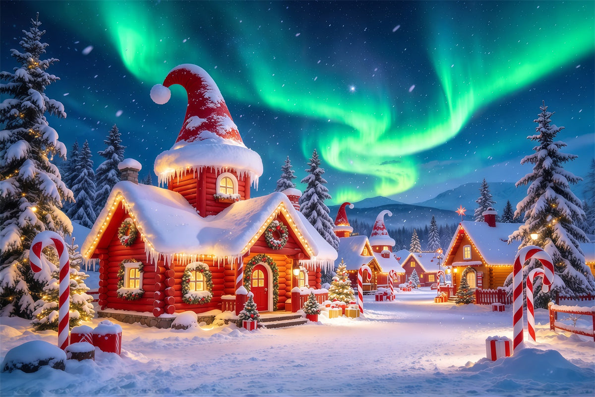 Christmas Elf Backdrop Aurora Borealis Snowy Village Christmas Photos Backdrop GQ610-102