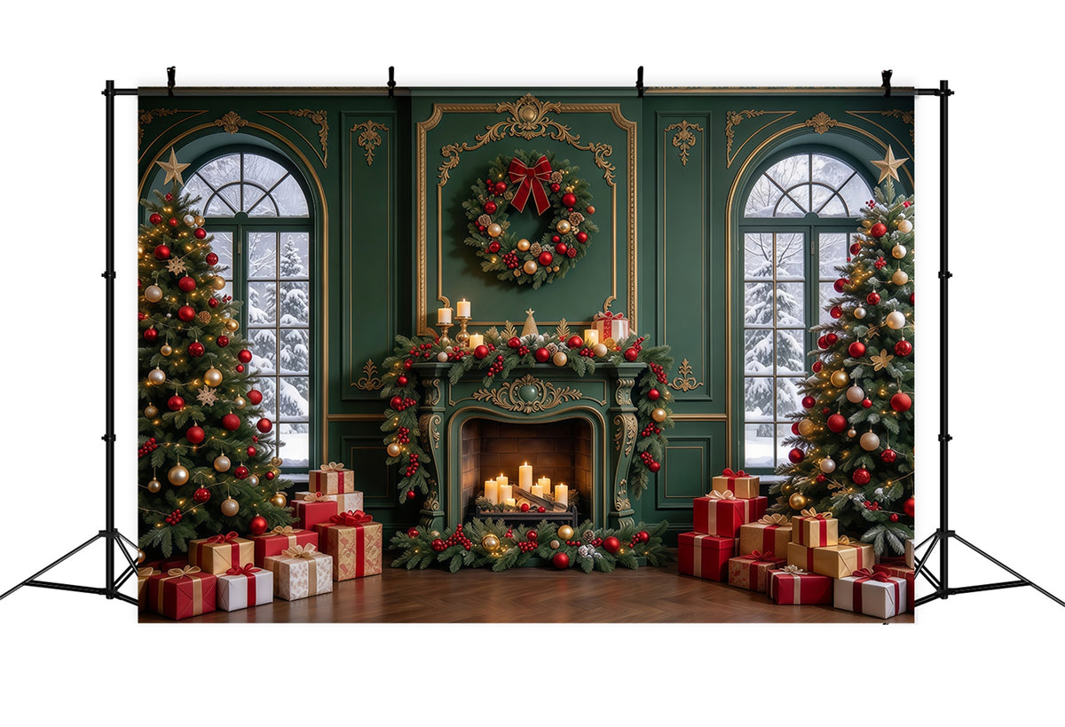Living Room Christmas Backdrop Emerald Gold Fireplace Display Christmas Card Backdrops GQ610-103