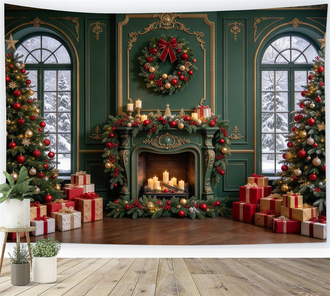 Living Room Christmas Backdrop Emerald Gold Fireplace Display Christmas Card Backdrops GQ610-103