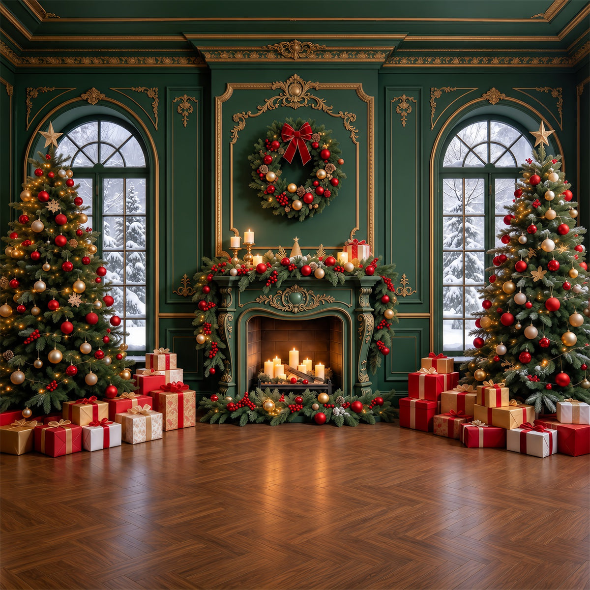 Living Room Christmas Backdrop Emerald Gold Fireplace Display Christmas Card Backdrops GQ610-103