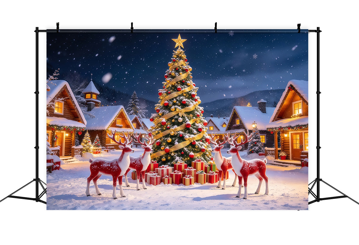 Retro Christmas Backdrop Reindeer Snowy Village Reindeer Photo Backdrop GQ610-105