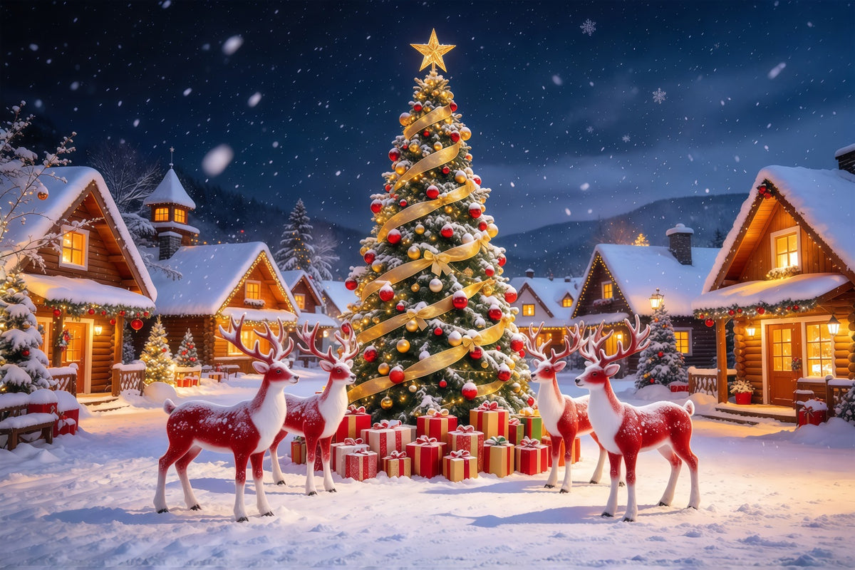 Retro Christmas Backdrop Reindeer Snowy Village Reindeer Photo Backdrop GQ610-105