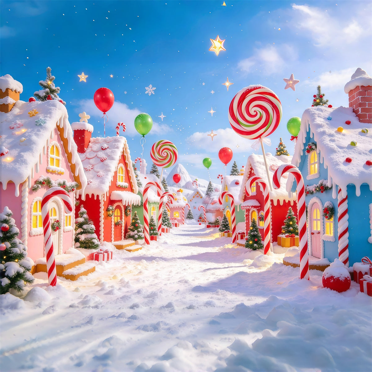 Candyland Christmas Backdrop Giant Lollipop Candy Village Photography Christmas Backdrop GQ610-106