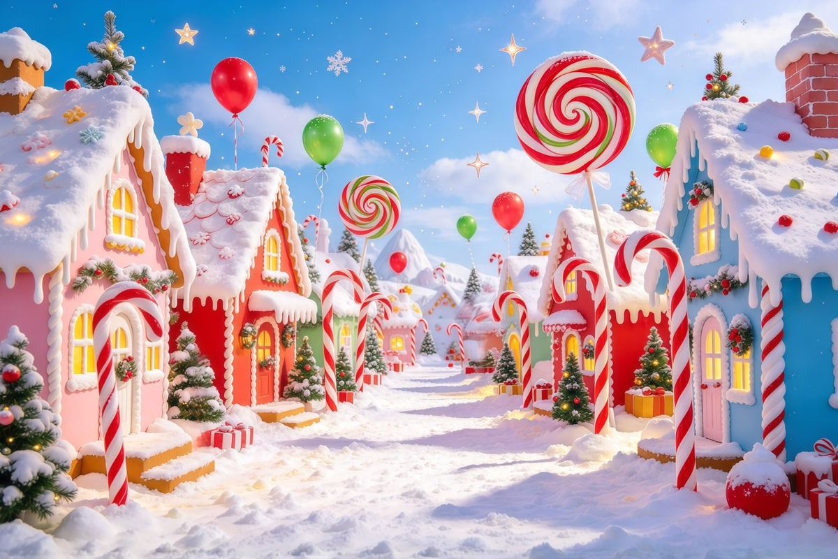 Candyland Christmas Backdrop Giant Lollipop Candy Village Photography Christmas Backdrop GQ610-106