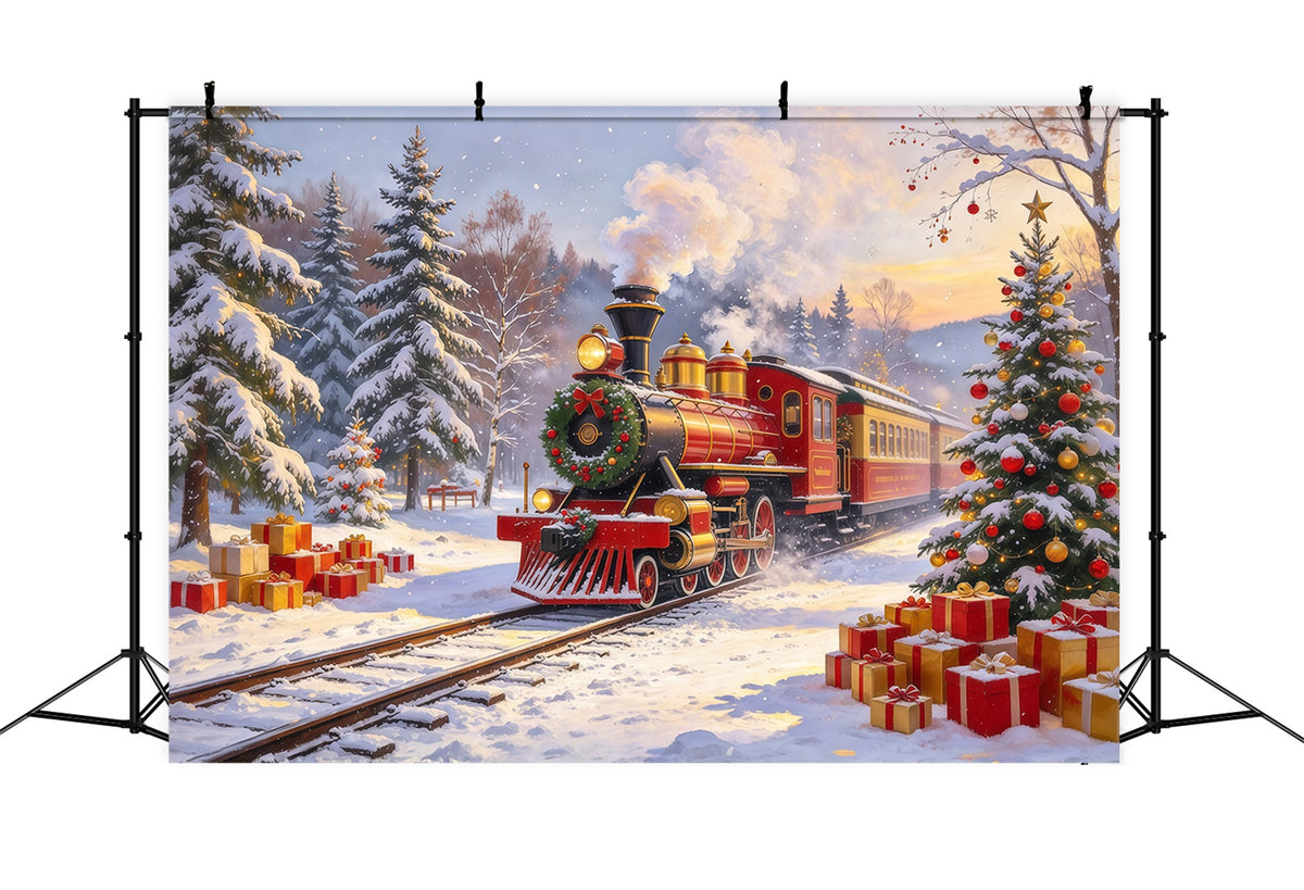 Professional Christmas Backdrop Red Steam Train Snowfall Christmas Village Backdrop GQ610-107