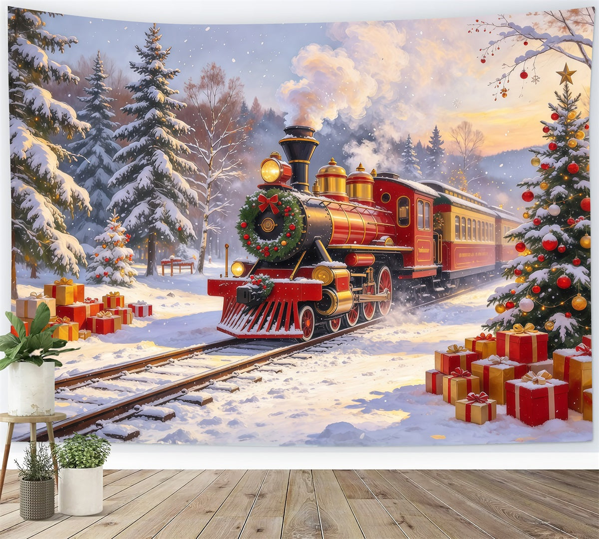 Professional Christmas Backdrop Red Steam Train Snowfall Christmas Village Backdrop GQ610-107