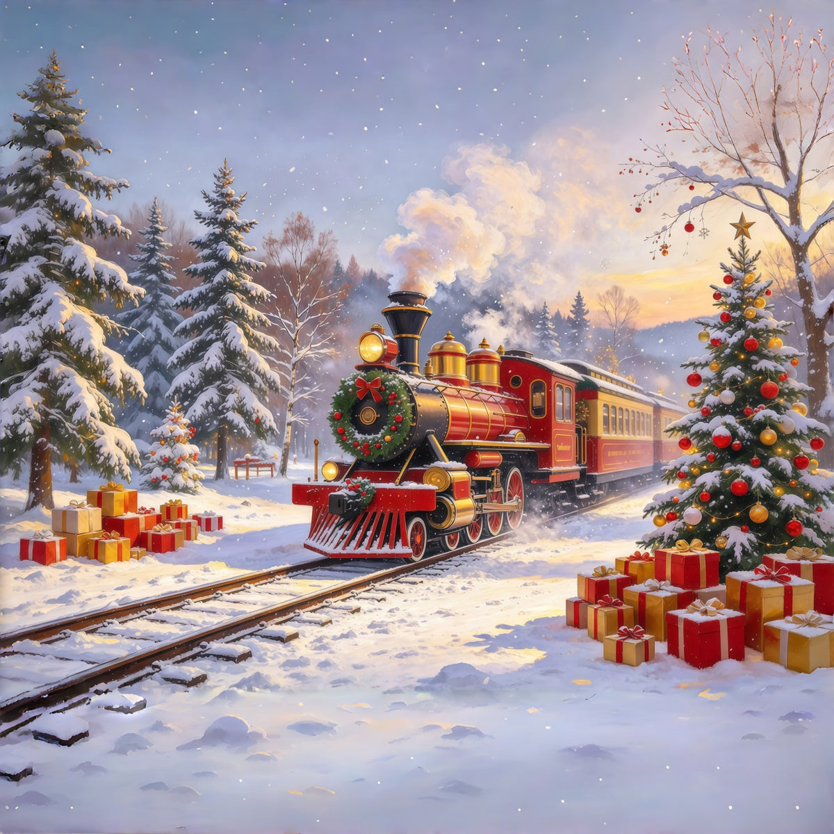 Professional Christmas Backdrop Red Steam Train Snowfall Christmas Village Backdrop GQ610-107