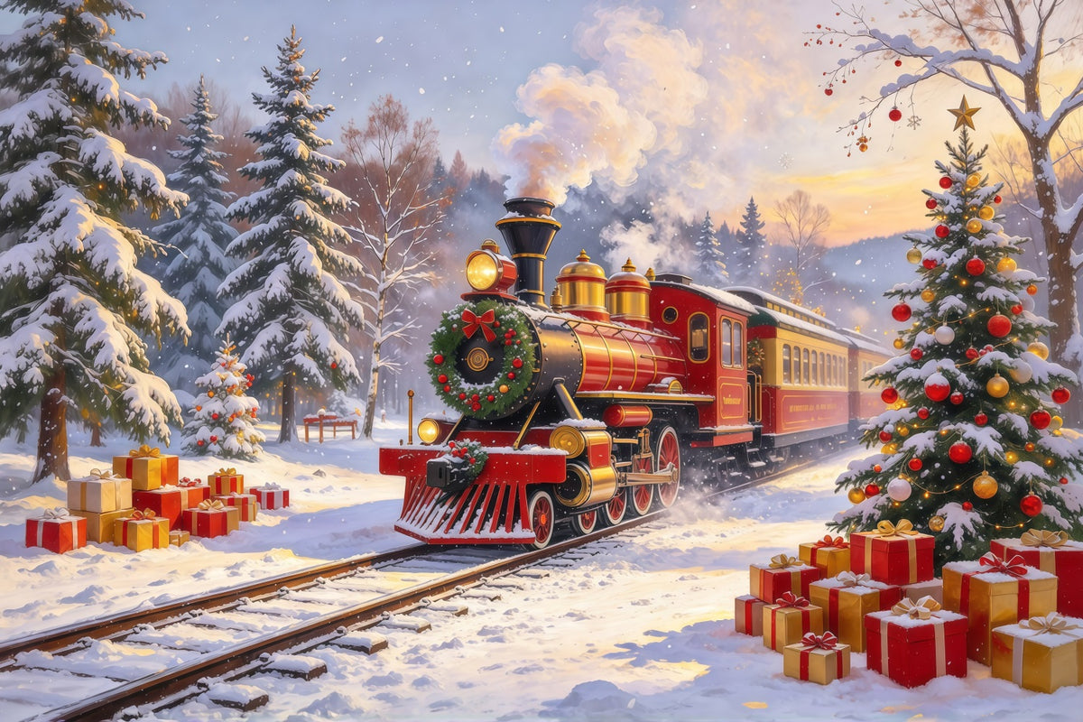 Professional Christmas Backdrop Red Steam Train Snowfall Christmas Village Backdrop GQ610-107