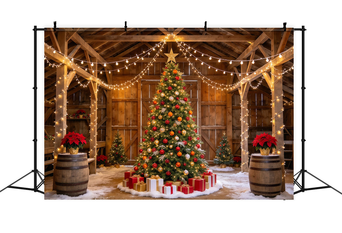 Christmas Lights Photo Backdrop Rustic Barn Tree Display Christmas Backdrop Pictures GQ610-109