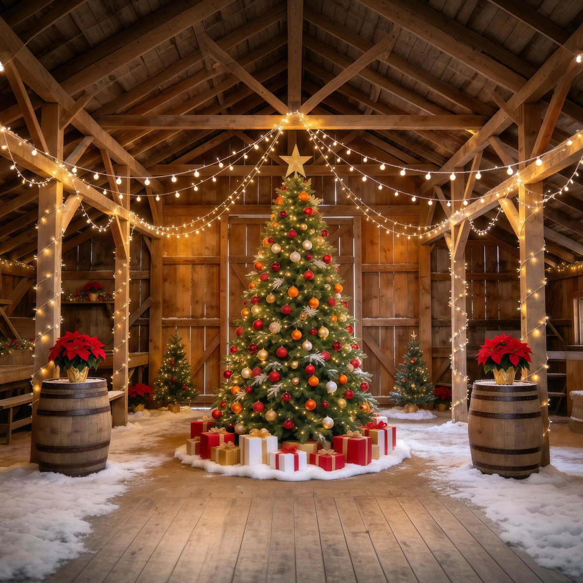 Christmas Lights Photo Backdrop Rustic Barn Tree Display Christmas Backdrop Pictures GQ610-109