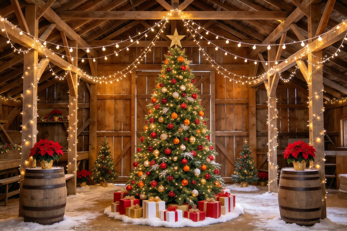 Christmas Lights Photo Backdrop Rustic Barn Tree Display Christmas Backdrop Pictures GQ610-109
