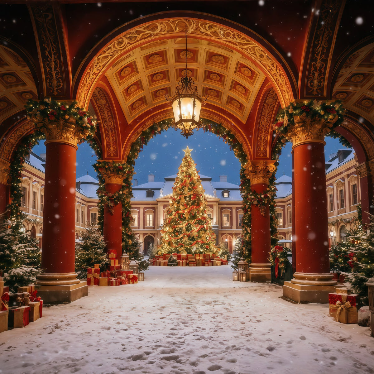 Christmas Arch Backdrop Ornate Courtyard Tree Display Christmas Party Picture Backdrop GQ610-110