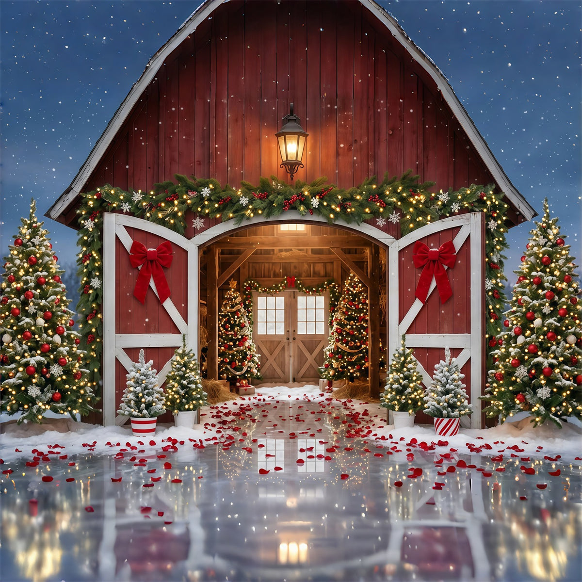 Christmas Tree Farm Backdrop Red Barn Festive Entrance Christmas Studio Backdrops GQ610-112