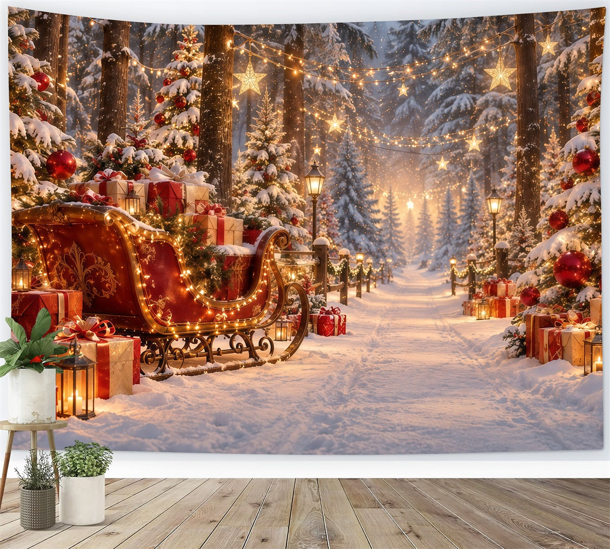 Christmas Tree Backdrops Glowing Sleigh Gift Trail Christmas Backdrop for Stage GQ610-121