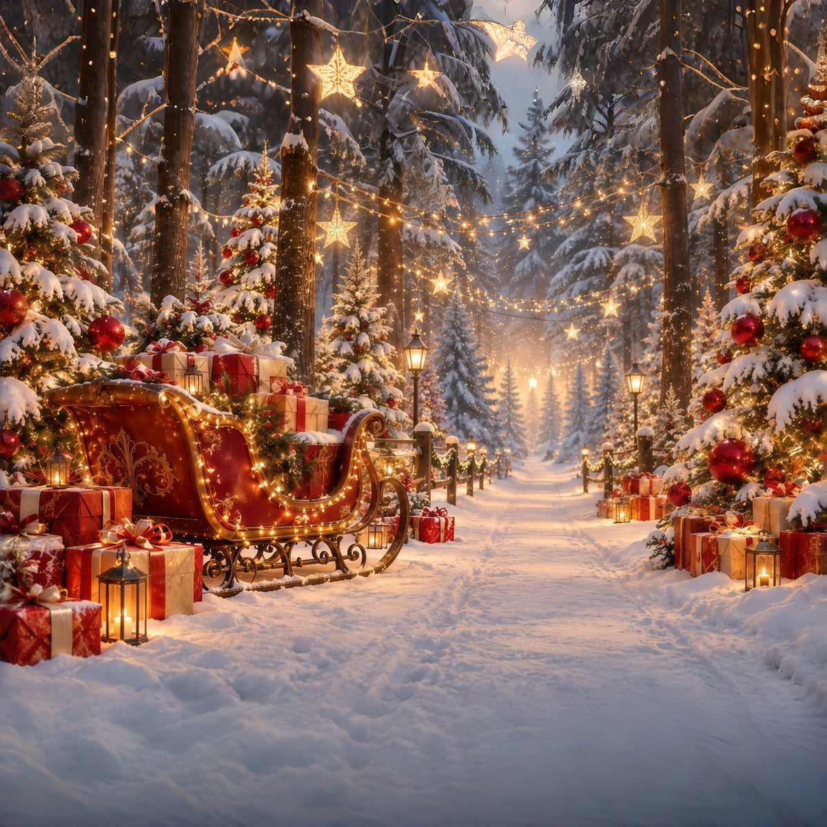 Christmas Tree Backdrops Glowing Sleigh Gift Trail Christmas Backdrop for Stage GQ610-121