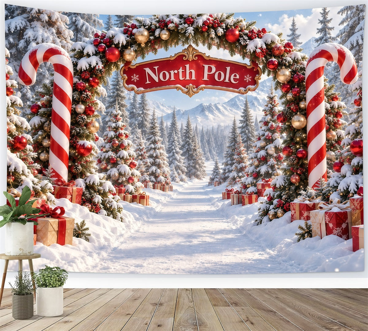 North Pole Photo Backdrop Candy Cane Ornament Archway Christmas Winter Backdrop GQ610-122