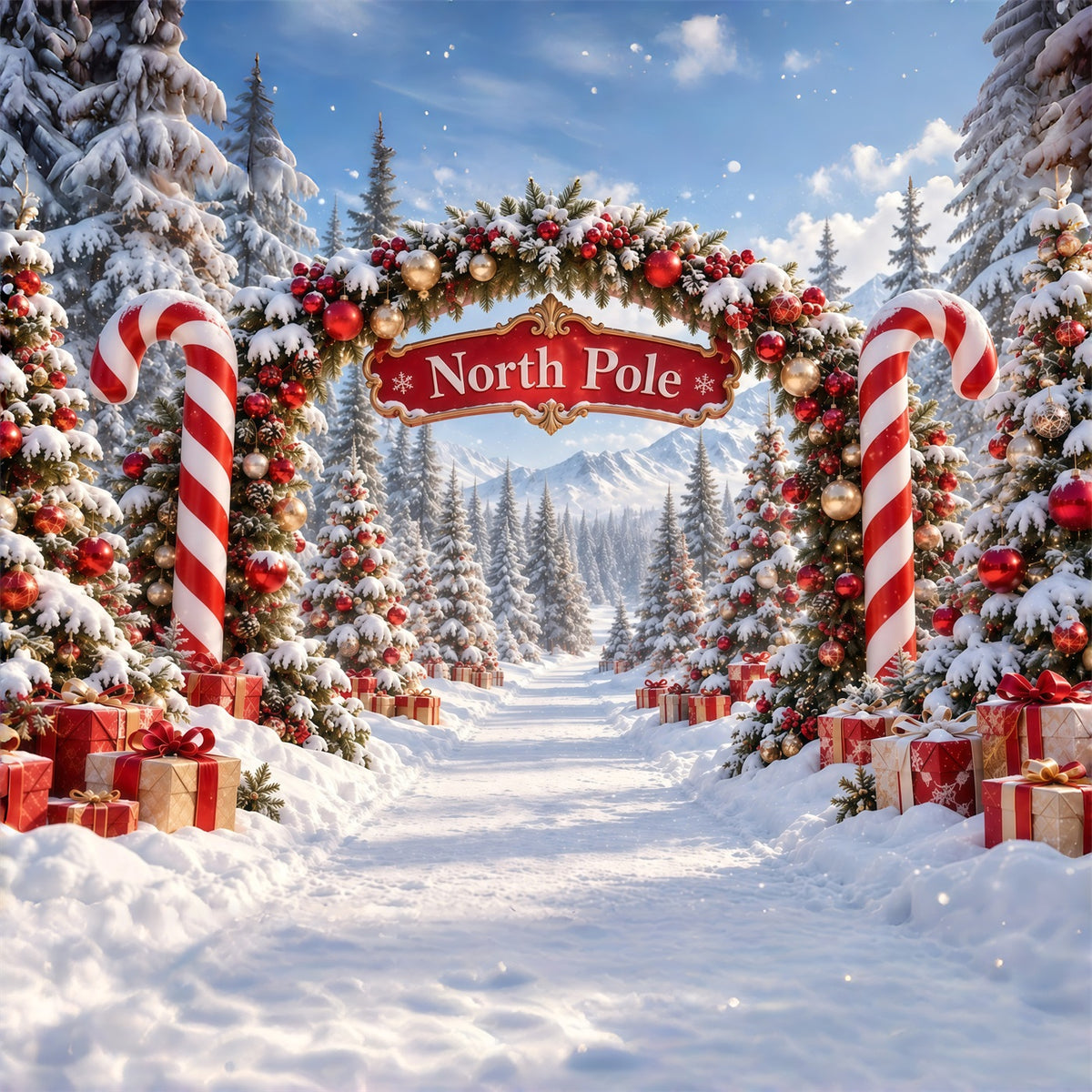 North Pole Photo Backdrop Candy Cane Ornament Archway Christmas Winter Backdrop GQ610-122