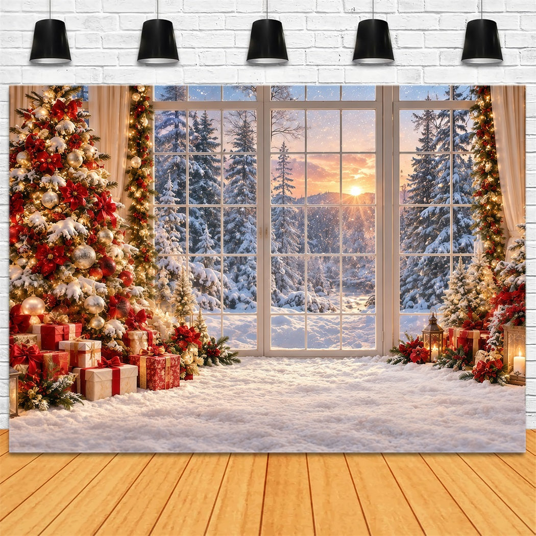 Christmas Forest Backdrop Golden Sunset Snowy Window Christmas Backdrop for Photo GQ610-123