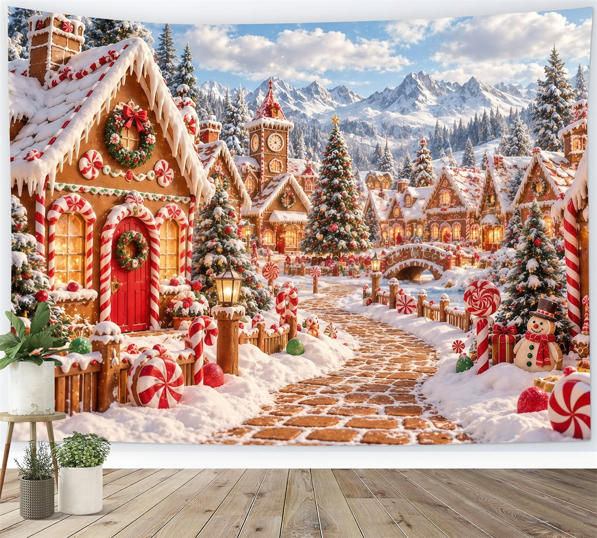 Christmas Gingerbread Backdrop Snowy Candy Village Christmas Backdrop Picture GQ610-125