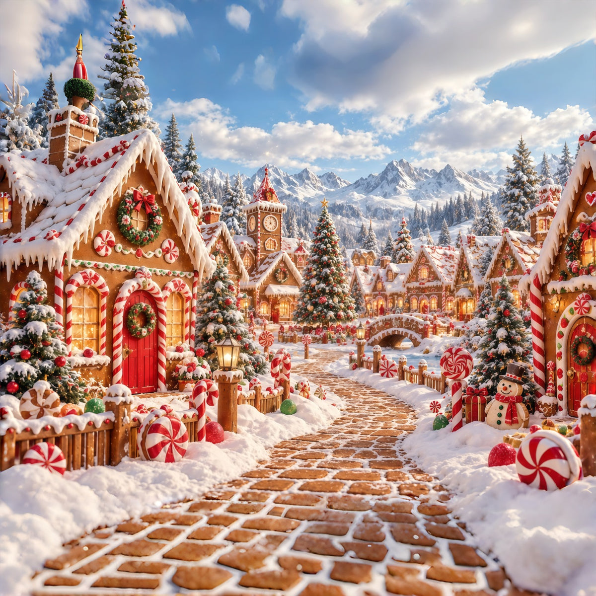 Christmas Gingerbread Backdrop Snowy Candy Village Christmas Backdrop Picture GQ610-125