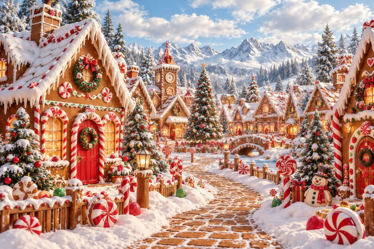 Christmas Gingerbread Backdrop Snowy Candy Village Christmas Backdrop Picture GQ610-125