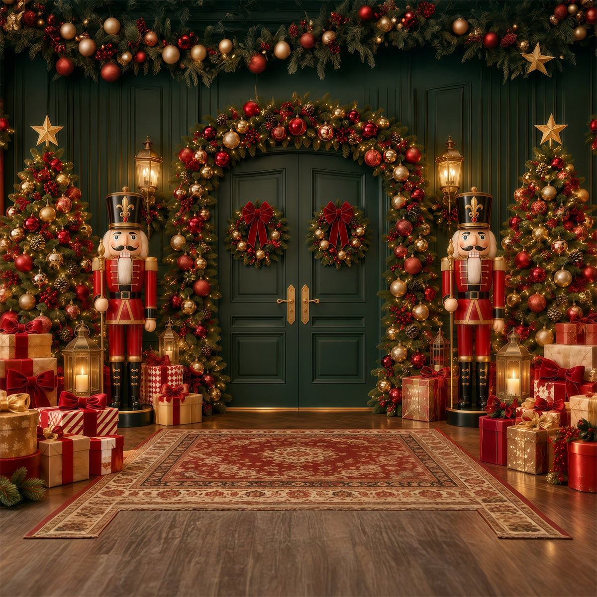 Christmas Backdrop Bow Wreath Emerald Doorway Nutcracker Ballet Backdrop GQ610-126