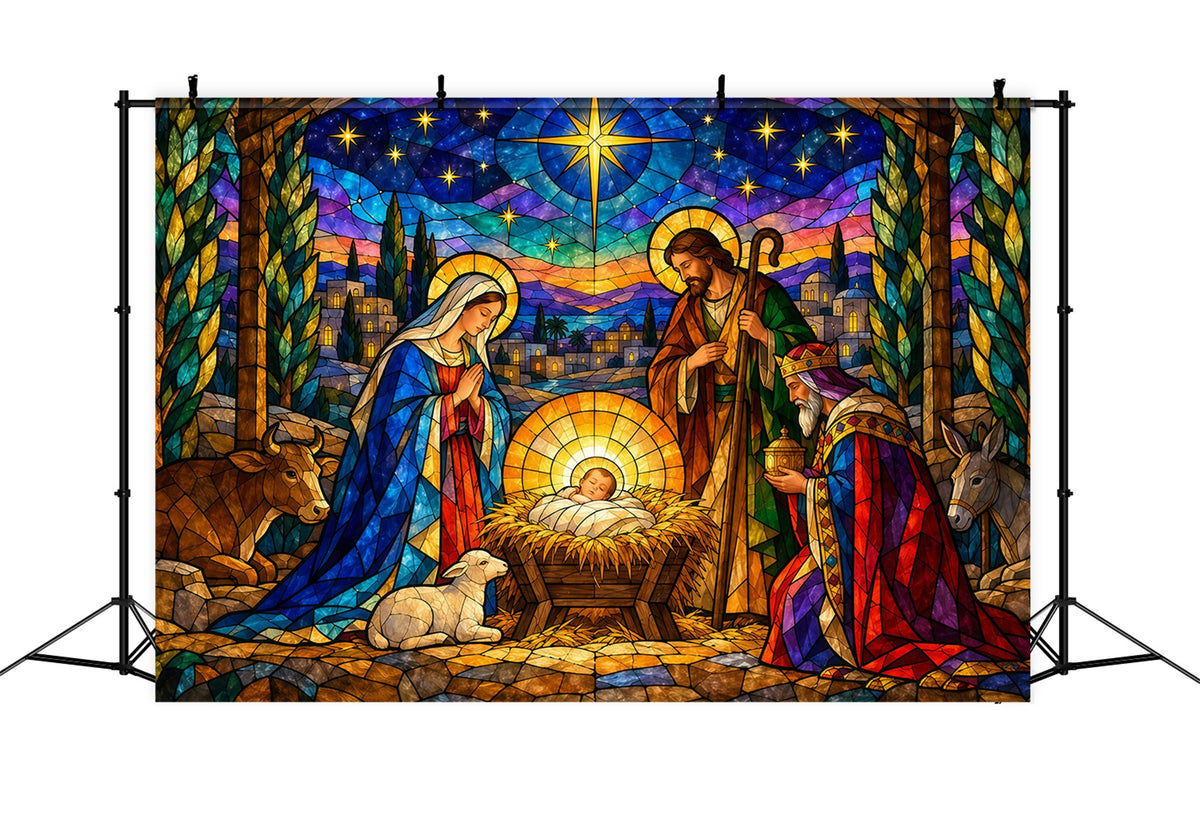 Nativity Scene Backdrop Colorful Stained Glass Star Christmas Backdrop Sale GQ610-127