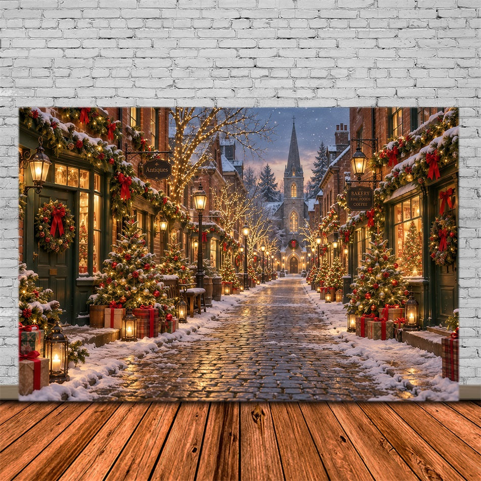 Christmas Village Backdrops Festive Snowy Cobblestone Street Backdrops for Christmas Photos GQ610-129
