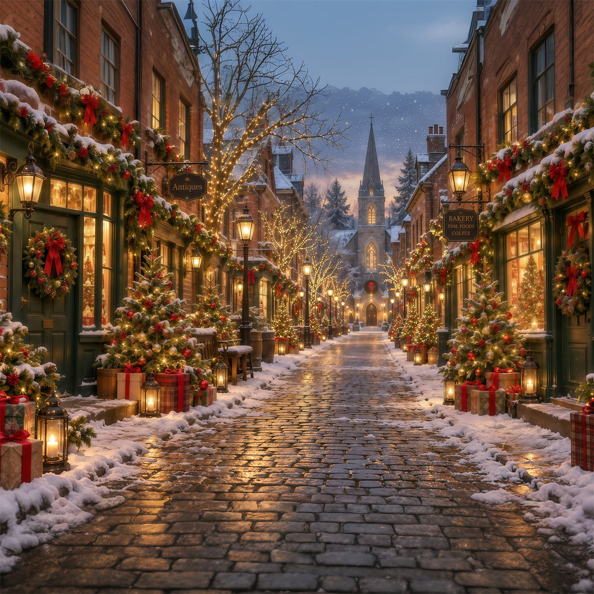 Christmas Village Backdrops Festive Snowy Cobblestone Street Backdrops for Christmas Photos GQ610-129