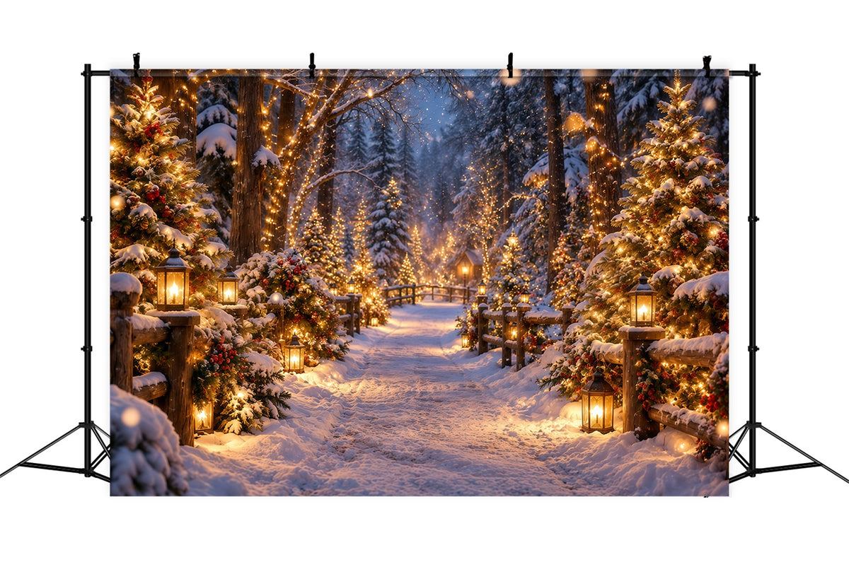 Christmas Tree Farm Photo Backdrop Glowing Lantern Snowy Forest Photography Backdrop Christmas GQ610-130