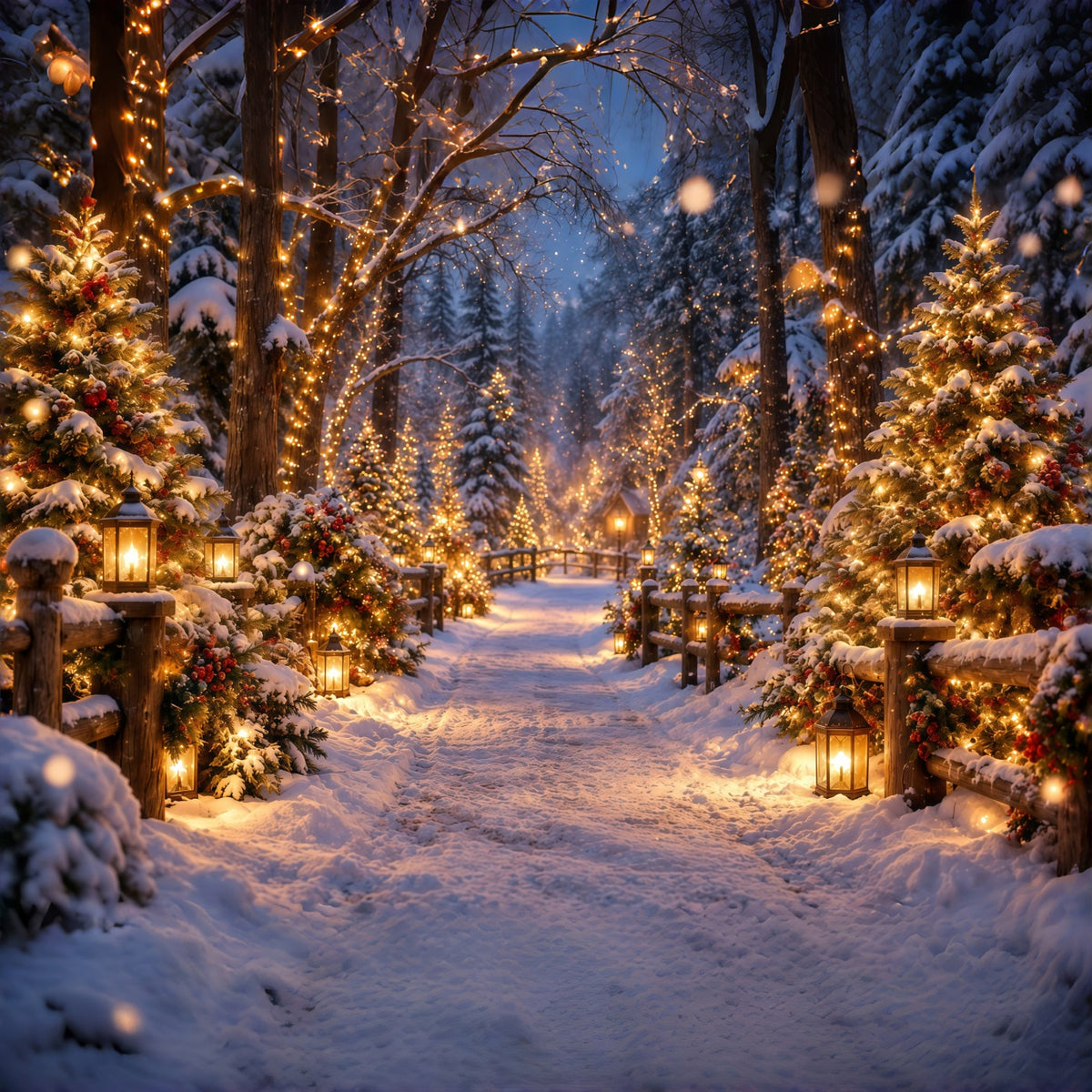 Christmas Tree Farm Photo Backdrop Glowing Lantern Snowy Forest Photography Backdrop Christmas GQ610-130