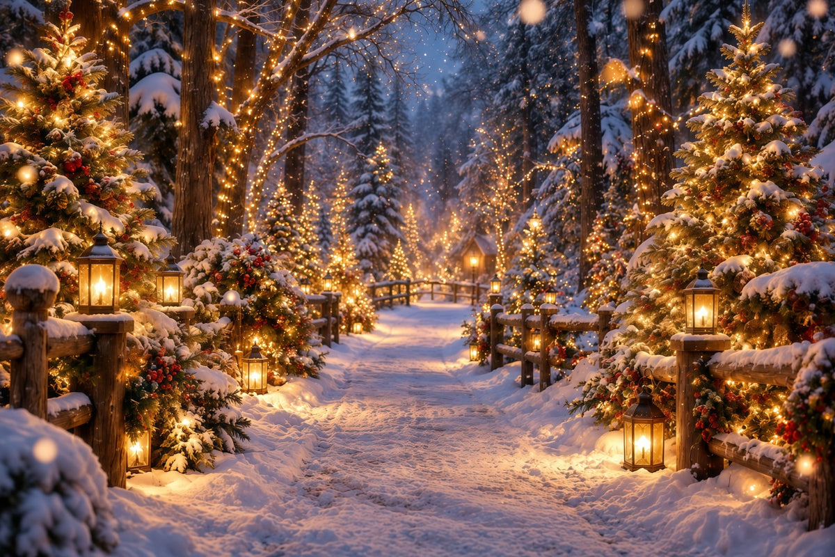 Christmas Tree Farm Photo Backdrop Glowing Lantern Snowy Forest Photography Backdrop Christmas GQ610-130