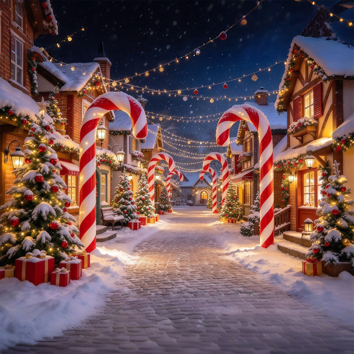 Christmas Village Backdrops Candy Cane Snowy Street Photography Christmas Backdrops GQ610-14