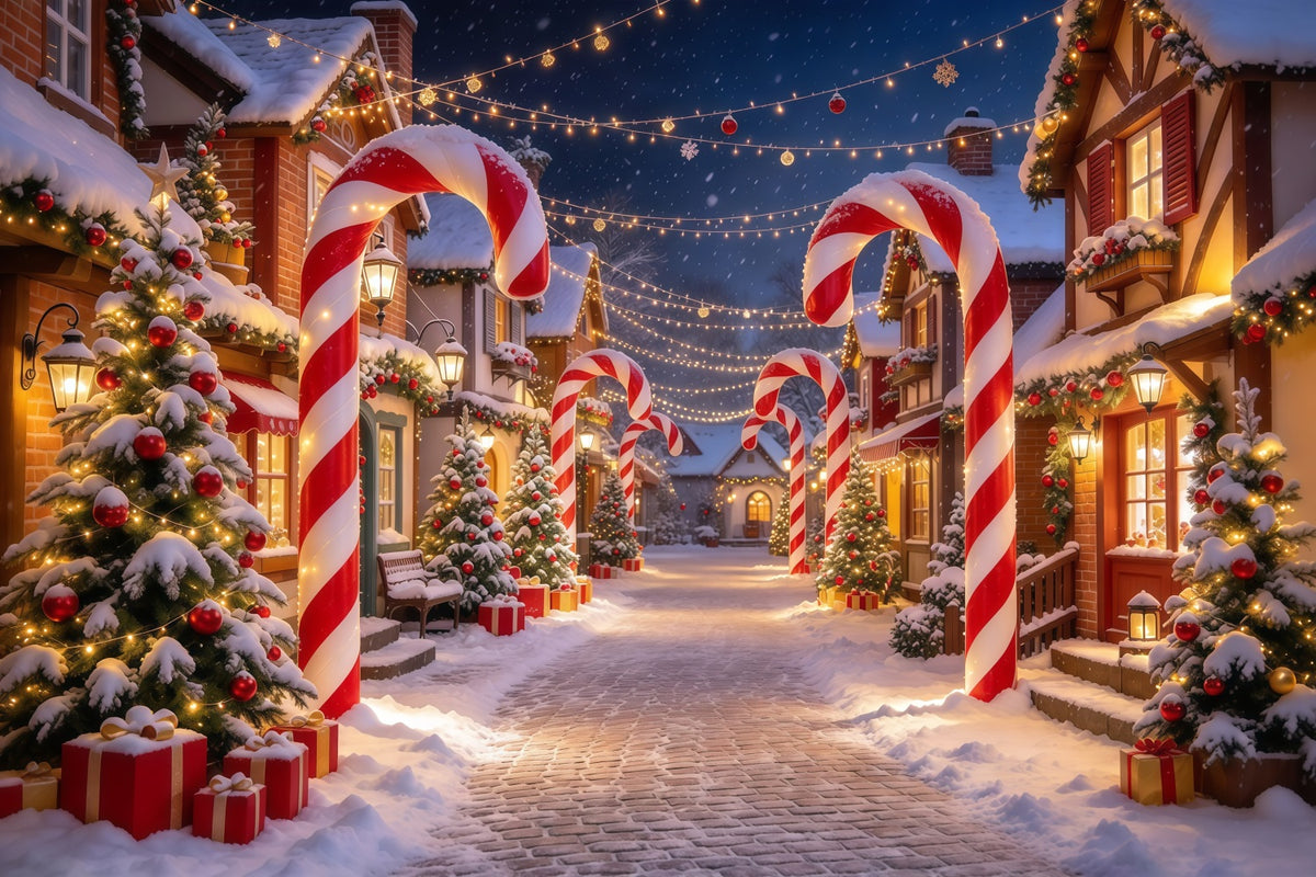 Christmas Village Backdrops Candy Cane Snowy Street Photography Christmas Backdrops GQ610-14