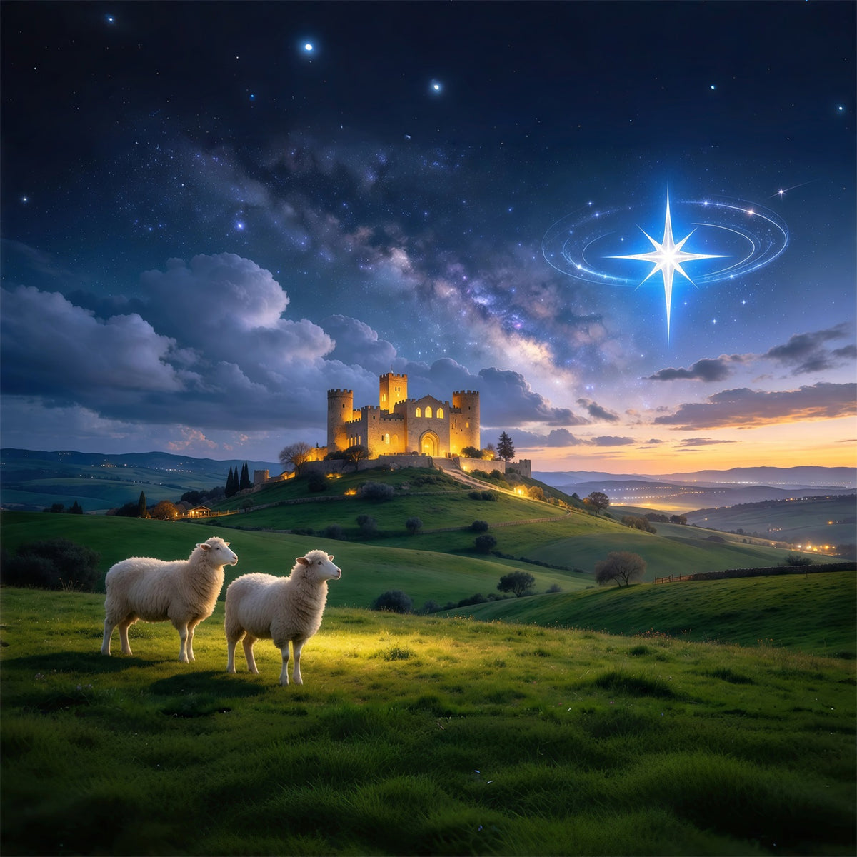Nativity Scene Backdrop Starry Castle Sheep Meadow Christmas Backdrop Photography GQ610-15