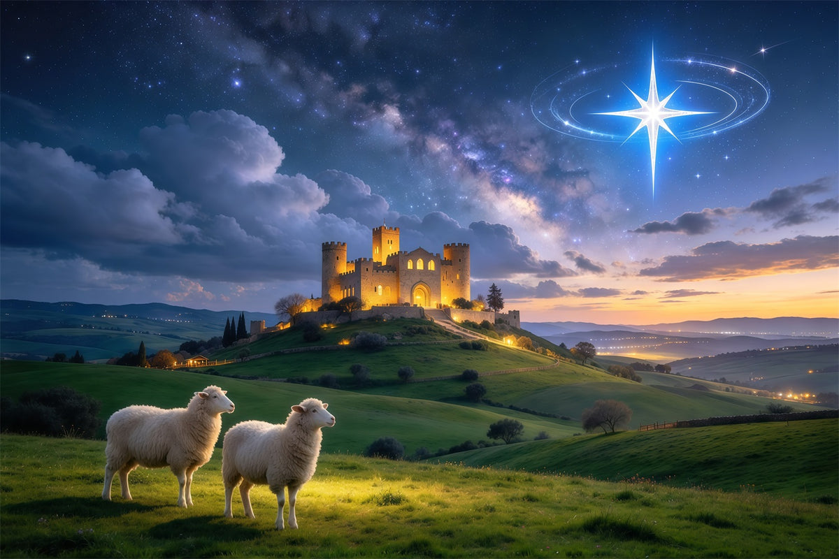 Nativity Scene Backdrop Starry Castle Sheep Meadow Christmas Backdrop Photography GQ610-15