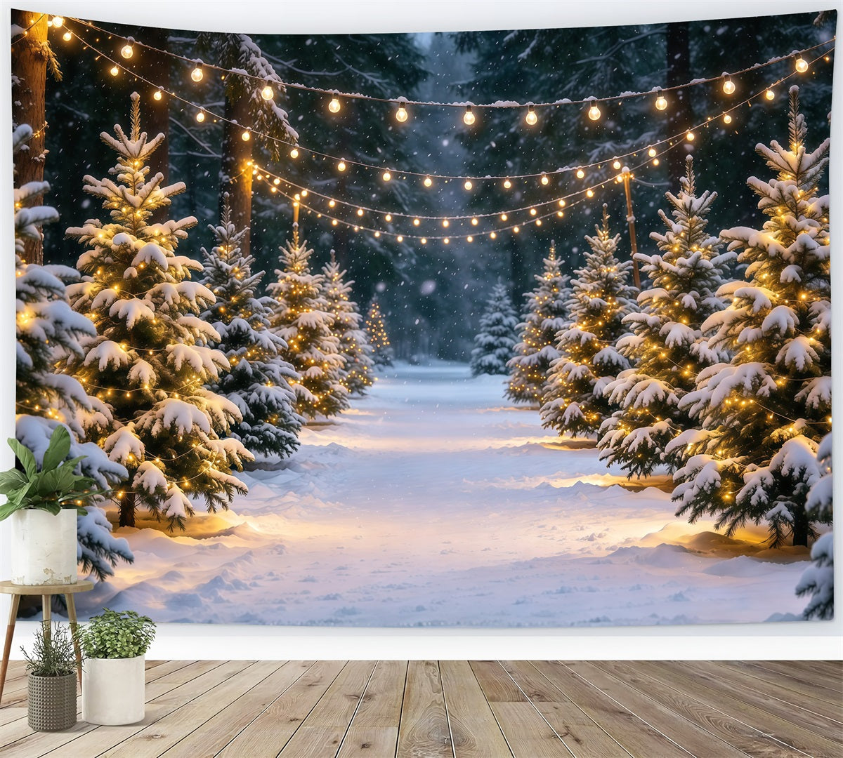 Christmas Tree Farm Backdrop Snowy Pine Stringlight Path Christmas Tree Backdrops GQ610-16