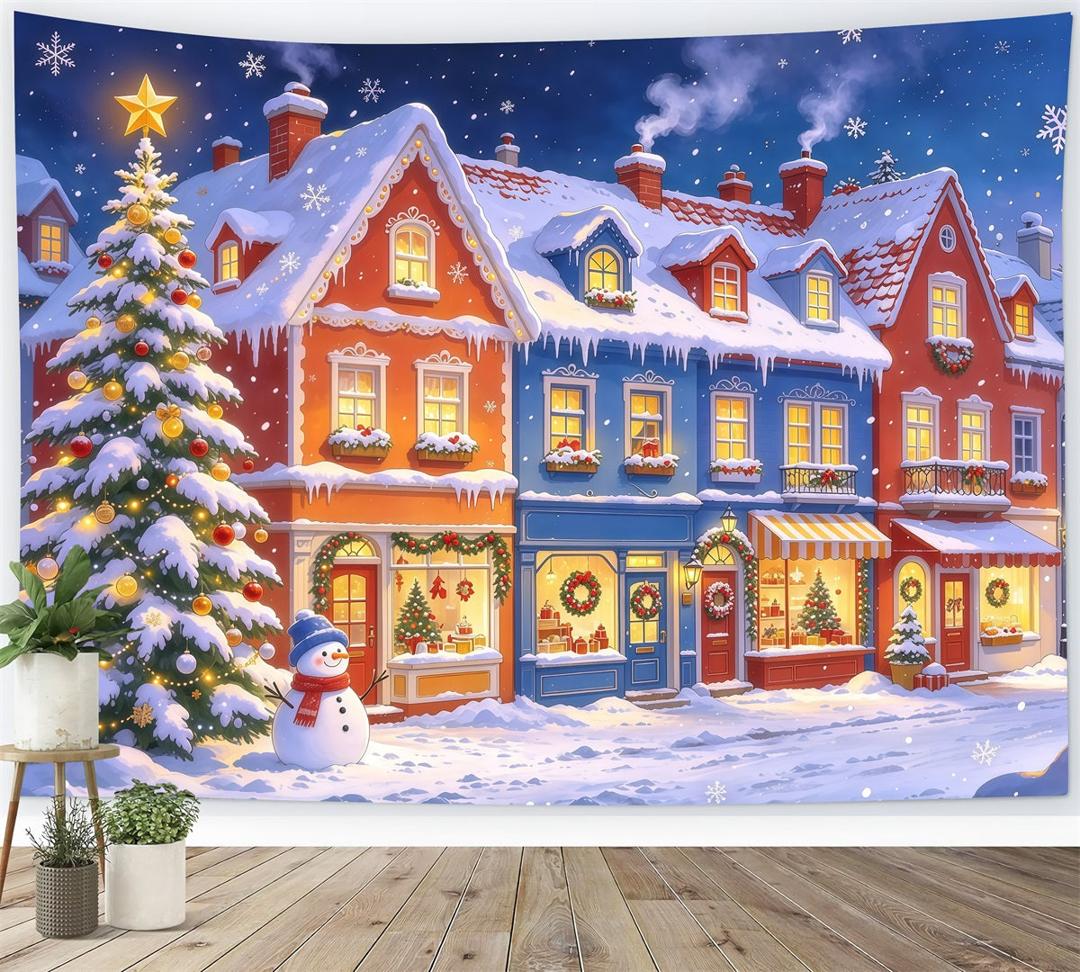 Christmas Town Backdrops Snowy Colorful Village Shopfront Christmas Picture Backdrop GQ610-17