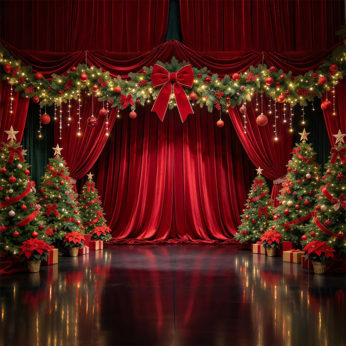 Christmas Backdrop for Photography Crimson Velvet Evergreen Stage Christmas Stage Backdrops GQ610-19