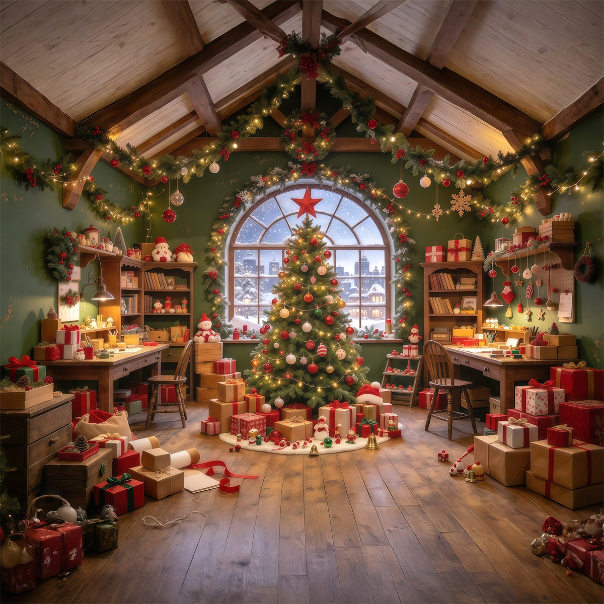 Santa Backdrop Cozy Toy Workshop Interior Christmas Backdrop GQ610-2