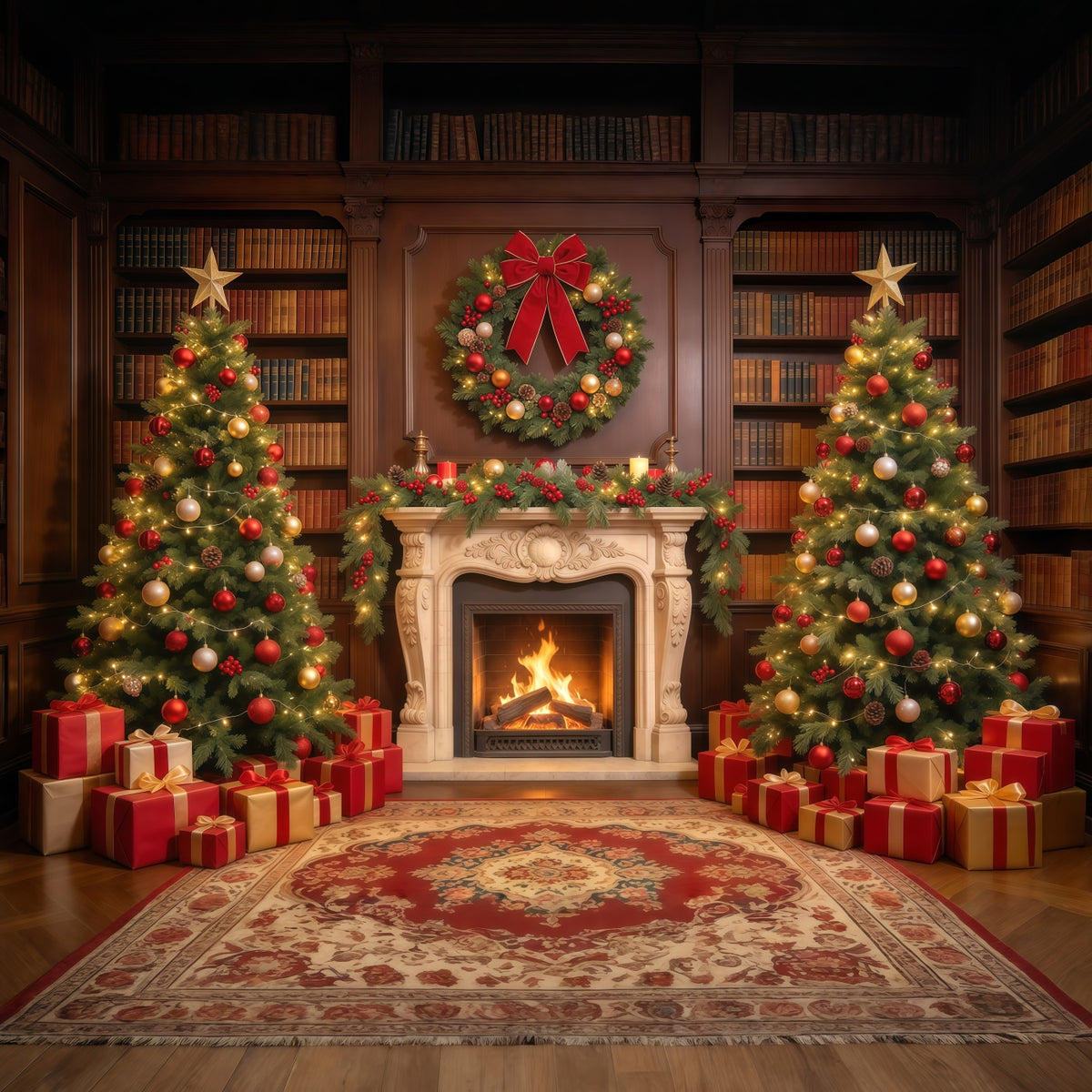 Christmas Backdrops for Photography Ornate Library Display Christmas Fireplace Backdrop GQ610-21