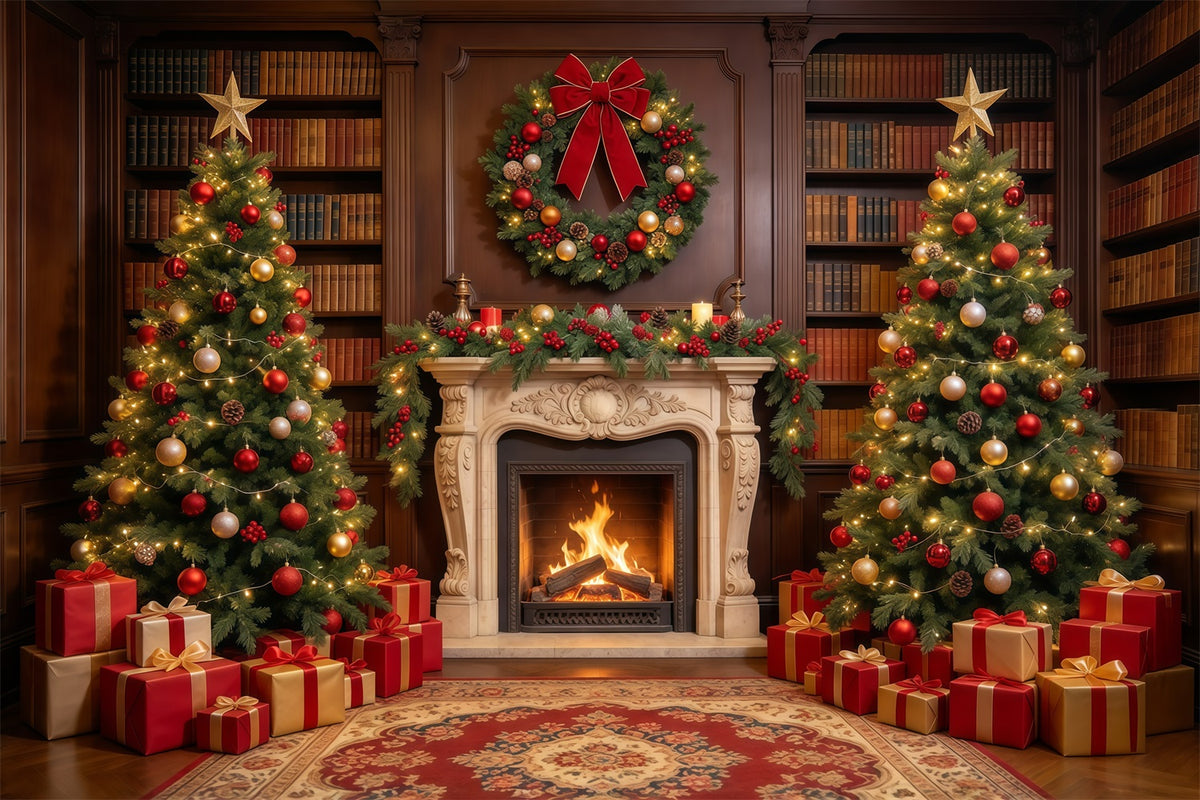 Christmas Backdrops for Photography Ornate Library Display Christmas Fireplace Backdrop GQ610-21